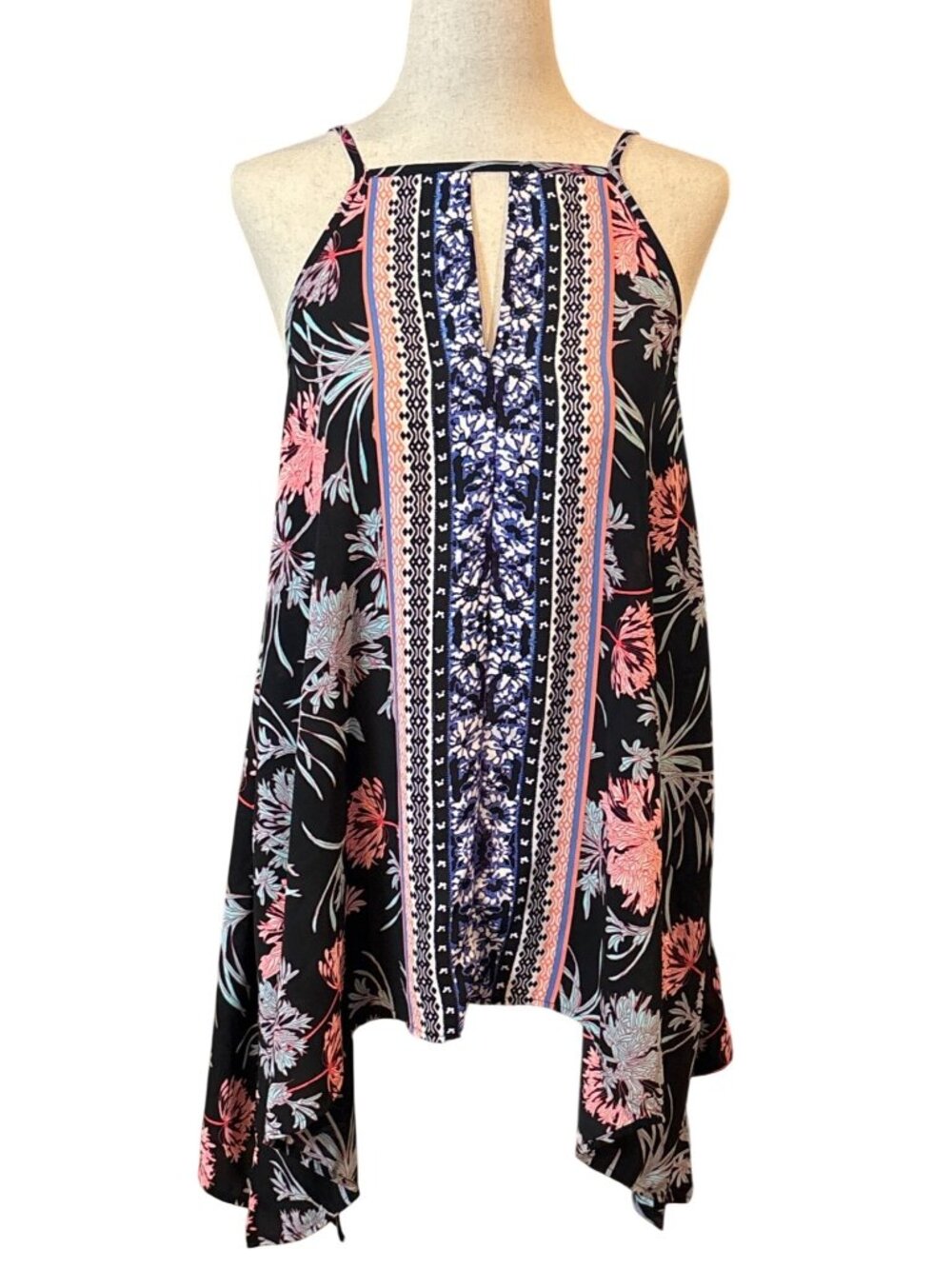 Express Black Floral Sleeveless Keyhole Tunic Tank Top XS